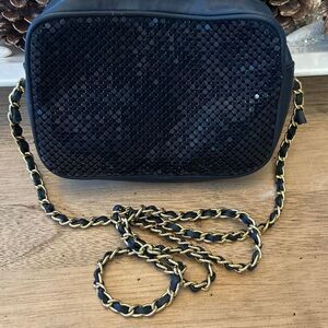 Whiting & Davis navy blue mesh gold chain strap evening bag handbag ￼